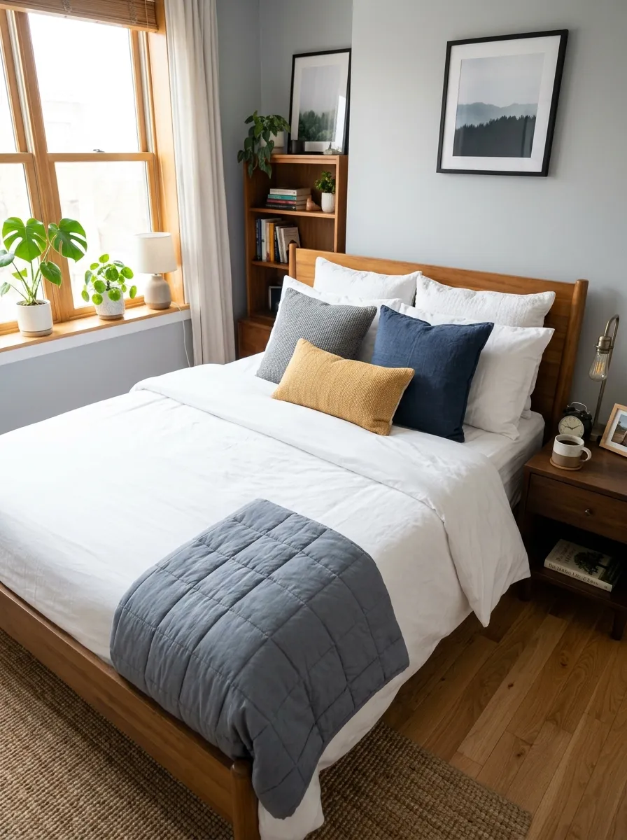 Real-life photography of a neatly made men's bedroom bed with a folded slate grey weighted blanket at the foot, crisp white cotton sheets, layered textured pillows, bright natural light, clean organized bedroom styling, vibrant cozy tones, stock photo style, no 3D render, no illustration