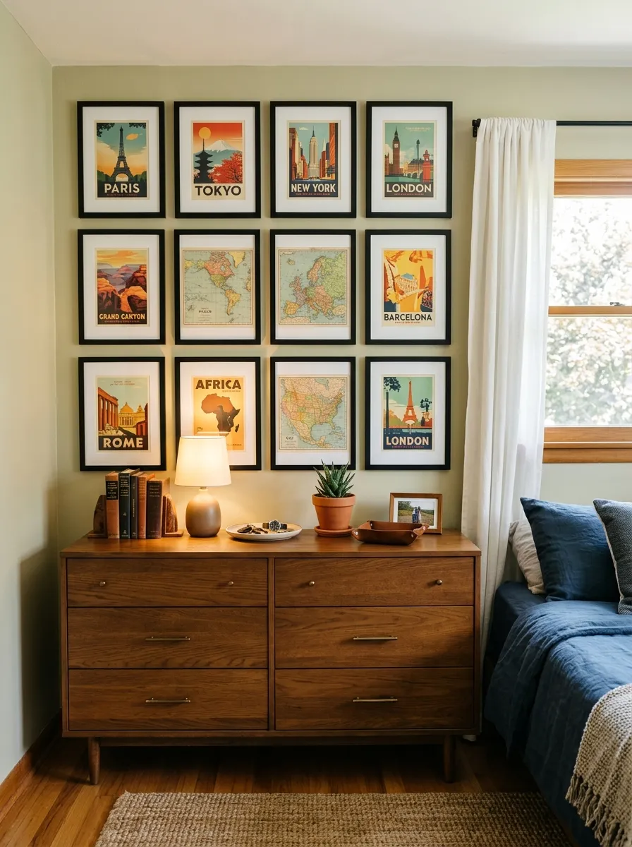Real-life photography of a men's bedroom dresser with a neatly arranged gallery wall of framed vintage travel prints and maps, matching black frames, bright natural light, clean organized bedroom decor, vibrant warm color tones, stock photo style, no 3D render, no illustration