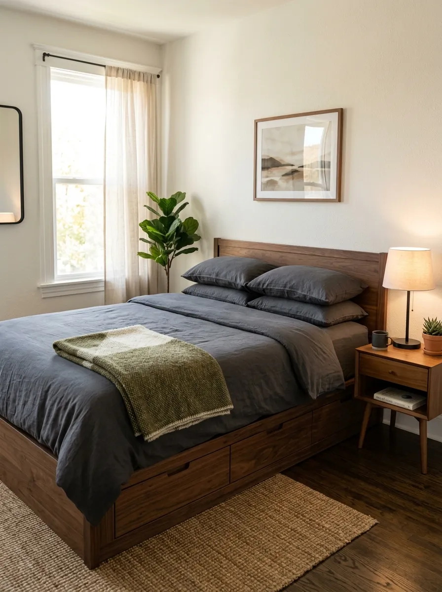 Prompt: A real-life photograph of a low platform bed with built-in storage drawers in a men's minimalist bedroom, neatly made charcoal grey bedding, one folded wool throw, wooden nightstand with a single lamp, beautifully arranged, organized, clean lines, bright natural light streaming through a nearby window, vibrant warm tones, shot on a DSLR, no people, Pinterest-style home interior photography.