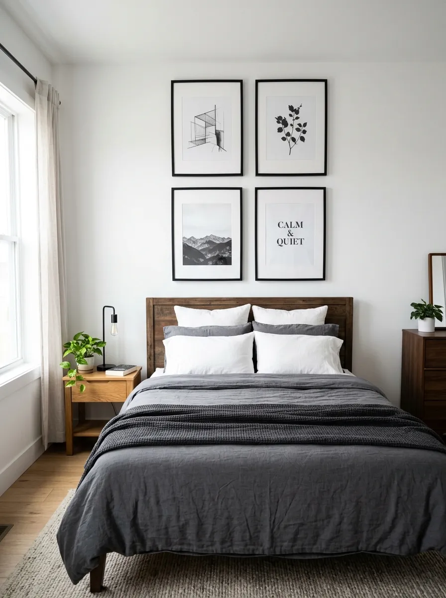 Prompt: A real-life photograph of a minimal black-frame gallery wall grid above a neatly made bed in a men's bedroom, four matching black frames with simple black-and-white prints, organized, clean, beautifully arranged, bright natural light hitting the wall, vibrant contrast between white walls and black frames, realistic interior photography, no people, Pinterest gallery wall inspiration.
