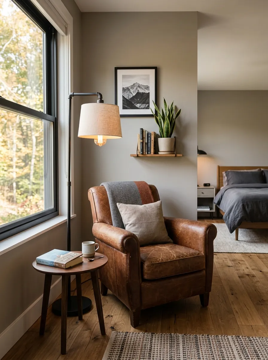 Prompt: A real-life photograph of a cozy reading nook in a men's minimalist bedroom, a leather armchair beside a tall floor lamp, a small side table with one book, organized, clean, beautifully arranged, warm bright natural light through a nearby window, vibrant leather brown tones, realistic interior photography, no people, Pinterest reading corner inspiration.