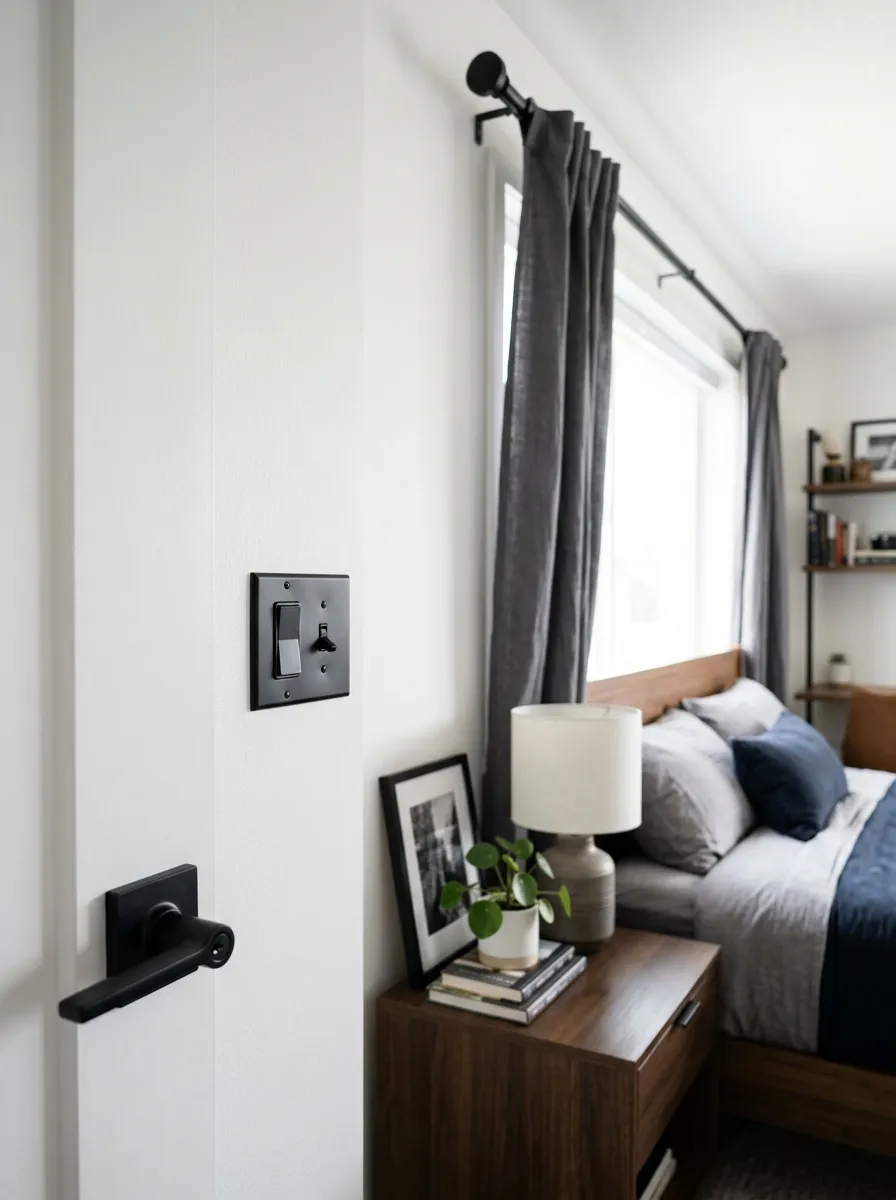 Prompt: A real-life photograph of close-up matte black hardware details in a men's bedroom, a black door handle, a black curtain rod, and a black switch plate against a white wall, organized, clean, beautifully arranged room visible softly in the background, bright natural light, vibrant contrast of black and white, realistic stock photography, no people, Pinterest design detail shot.