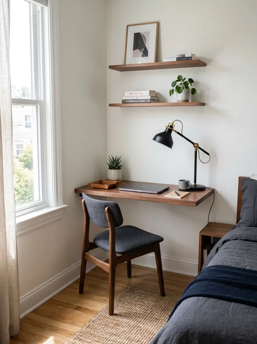 Prompt: A real-life photograph of a slim floating desk in the corner of a men's minimalist bedroom, one simple chair, a small desk lamp, a laptop closed and tidy, organized, clean, beautifully arranged, bright natural light from a nearby window, vibrant warm wood tones, realistic interior photography, no people, Pinterest workspace inspiration.