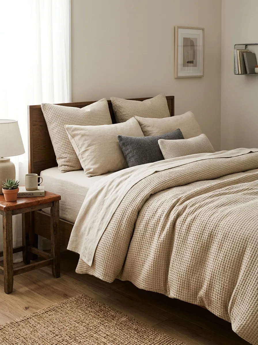 Prompt: A real-life photograph of a neatly made bed with heavyweight linen bedding in a men's minimalist bedroom, soft waffle-weave texture visible, relaxed folds, organized, clean, beautifully arranged pillows, bright natural light casting soft shadows, vibrant warm neutral tones, realistic stock photography, no people, Pinterest bedding texture shot.