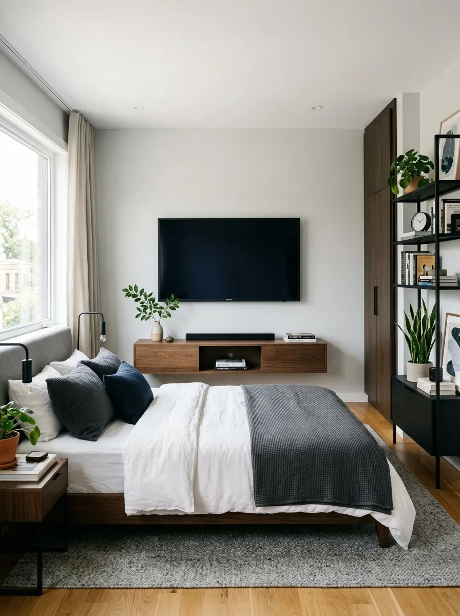 Prompt: A real-life photograph of a flat-mounted television on a clean wall in a men's minimalist bedroom, no visible cords, a neatly made bed facing it, organized, clean, beautifully arranged furniture nearby, bright natural light, vibrant grey and wood tones, realistic interior photography, no people, Pinterest media wall inspiration.
