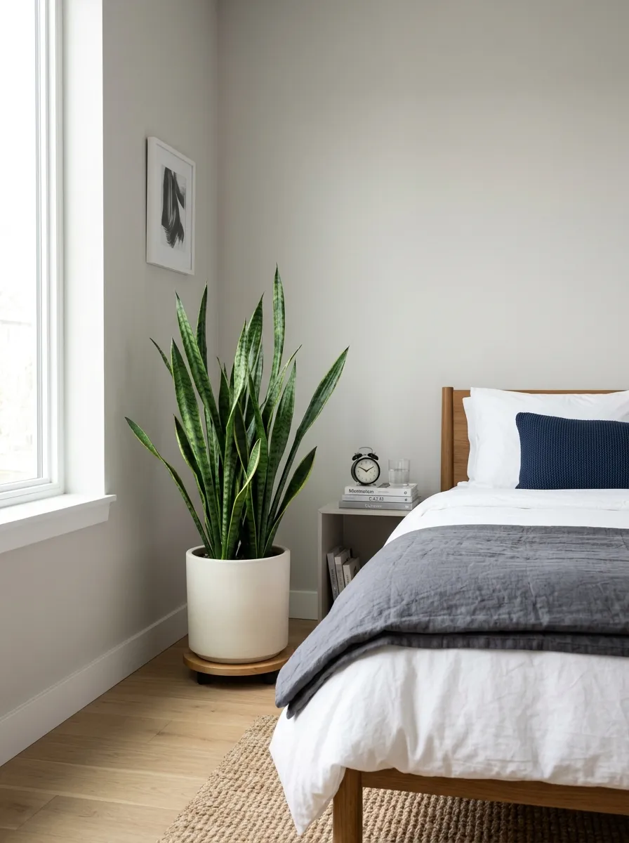 Prompt: A real-life photograph of a tall snake plant in a simple ceramic pot in the corner of a men's minimalist bedroom, neatly made bed nearby, organized, clean, beautifully arranged, bright natural light streaming across the leaves, vibrant deep green tones against neutral walls, realistic stock photography, no people, Pinterest plant styling shot.