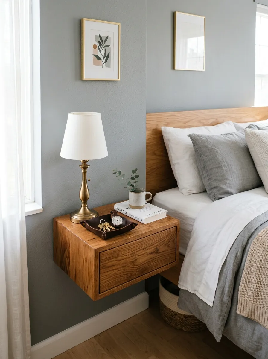 Prompt: A real-life photograph of a floating wooden nightstand mounted on a white wall beside a neatly made bed, a small brass lamp, a leather tray holding keys and a watch, organized, clean, beautifully arranged, bright natural morning light, vibrant wood tones against a soft grey wall, realistic stock photography style, no people, Pinterest-ready home decor shot.