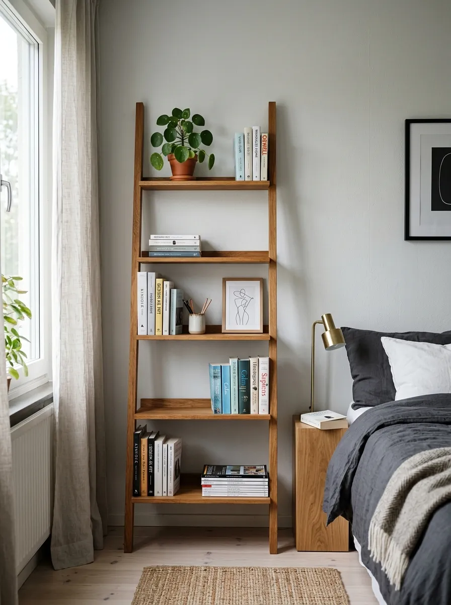 Prompt: A real-life photograph of a slim wooden ladder bookshelf leaning against a wall in a men's minimalist bedroom, neatly arranged books and one small plant on the shelves, organized, clean, beautifully arranged, bright natural light, vibrant warm wood tones, realistic interior photography, no people, Pinterest bookshelf styling inspiration.