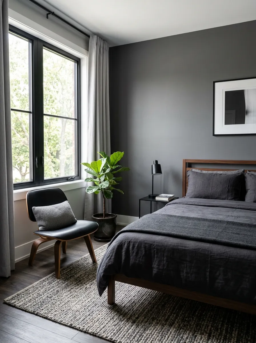 Prompt: A real-life photograph of a monochrome men's bedroom corner, charcoal linen bedding, a neatly folded grey wool throw, a black leather accent chair, textured woven rug, neatly made, beautifully arranged, organized, clean styling, bright natural light from a large window, subtle vibrant accent from a green plant, realistic interior photography, no people.