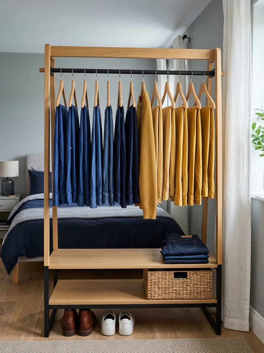 Prompt: A real-life photograph of an open wardrobe rack in a men's bedroom, matching wooden hangers holding neatly folded and evenly spaced shirts and jackets, organized by color, beautifully arranged, clean, bright natural light, vibrant navy and mustard clothing tones, realistic stock photo style, no people, Pinterest home organization inspiration.
