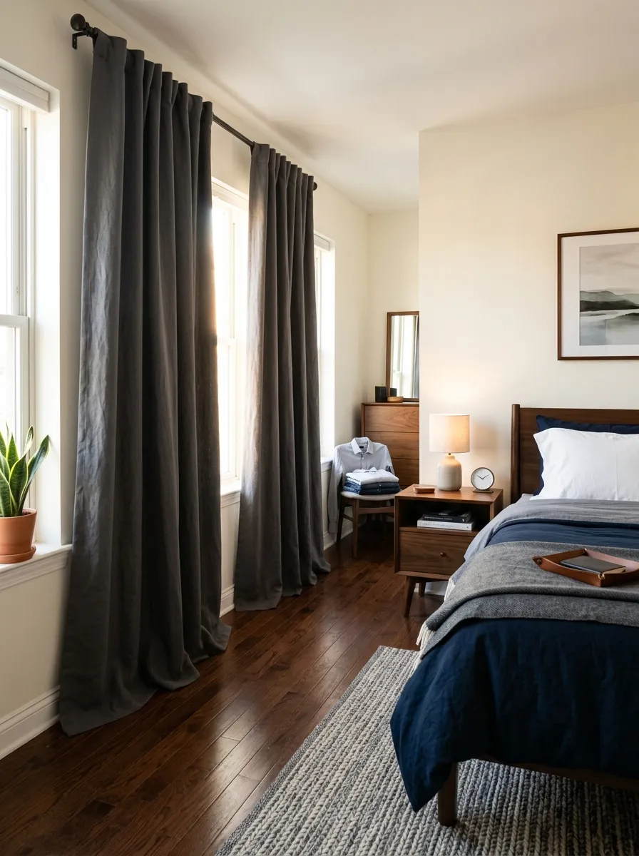 Prompt: A real-life photograph of floor-length blackout curtains in a neatly made men's bedroom, solid charcoal fabric pooling slightly on the floor, morning light peeking through a small gap, organized, clean, beautifully arranged furniture nearby, bright natural light, vibrant warm wood tones, realistic stock photography, no people, Pinterest interior style.
