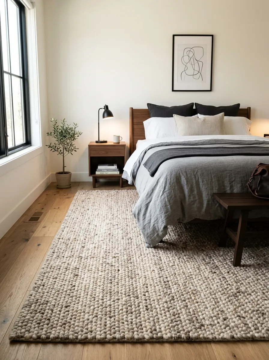 Prompt: A real-life photograph of a large textured neutral wool rug anchoring a men's minimalist bedroom, neatly made bed in the background, wooden floor visible at the edges, organized, clean, beautifully arranged, bright natural light streaming across the rug, vibrant warm beige and taupe tones, realistic interior photography, no people, Pinterest-ready.