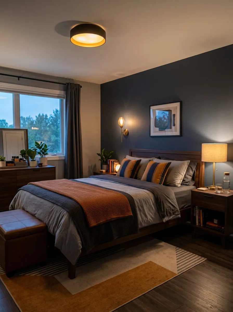 Prompt: A real-life photograph of a men's bedroom at dusk with layered lighting, a dim ceiling fixture, a warm bedside lamp glowing on a nightstand, one wall sconce beside the neatly made bed, organized, clean, beautifully arranged, soft warm bright light, vibrant amber and grey tones, realistic stock photography, no people, Pinterest interior mood shot.