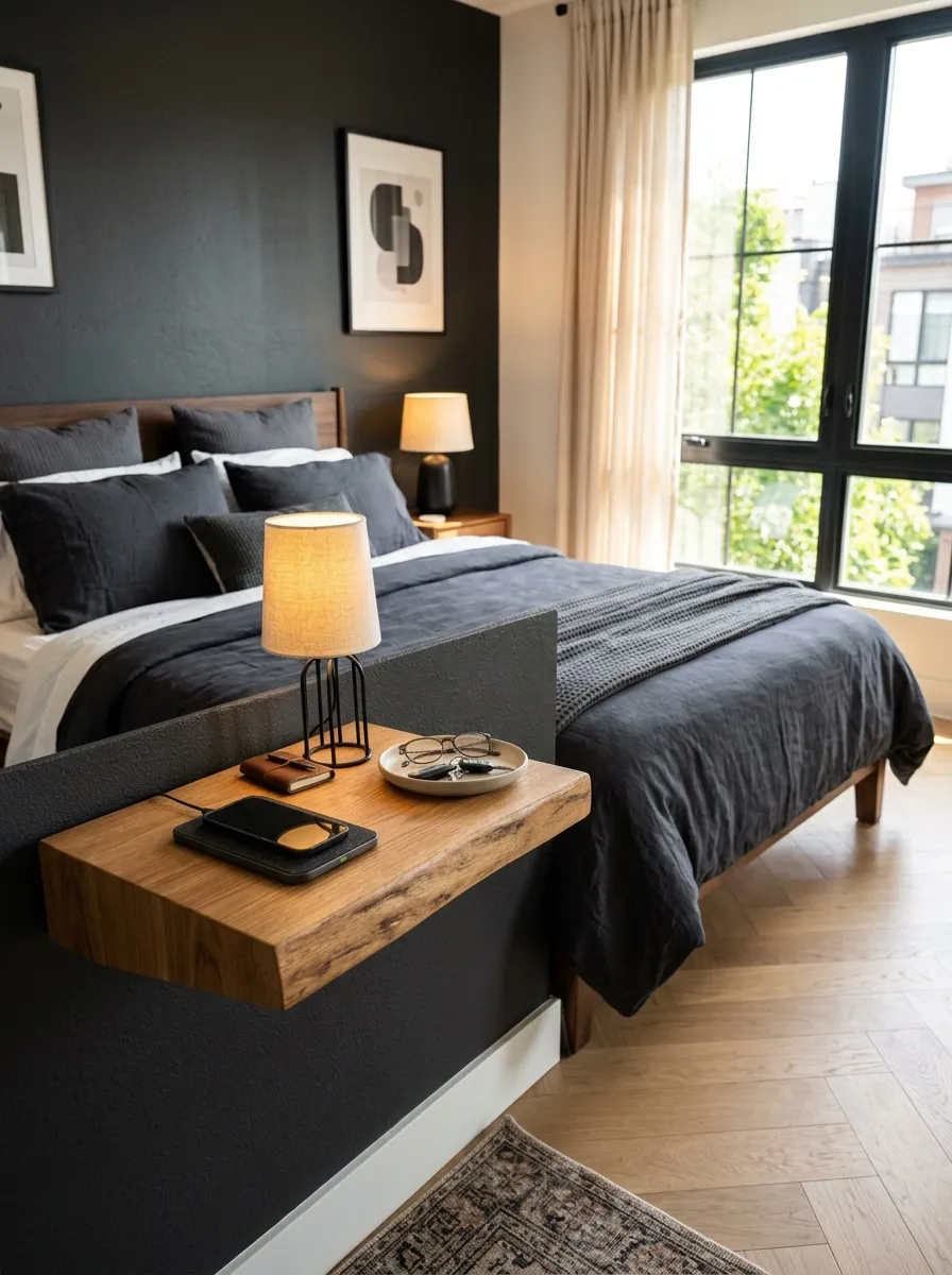 Real-life photo of a modern men's bedroom, floating wooden nightstand mounted on a dark accent wall, wireless charging pad with phone resting on it, small lamp, neatly made bed with dark bedding in the background, beautifully arranged, clean, organized, bright natural light streaming through a nearby window, vibrant warm tones, shot on a DSLR camera, photorealistic, Pinterest-style home interior photography.
