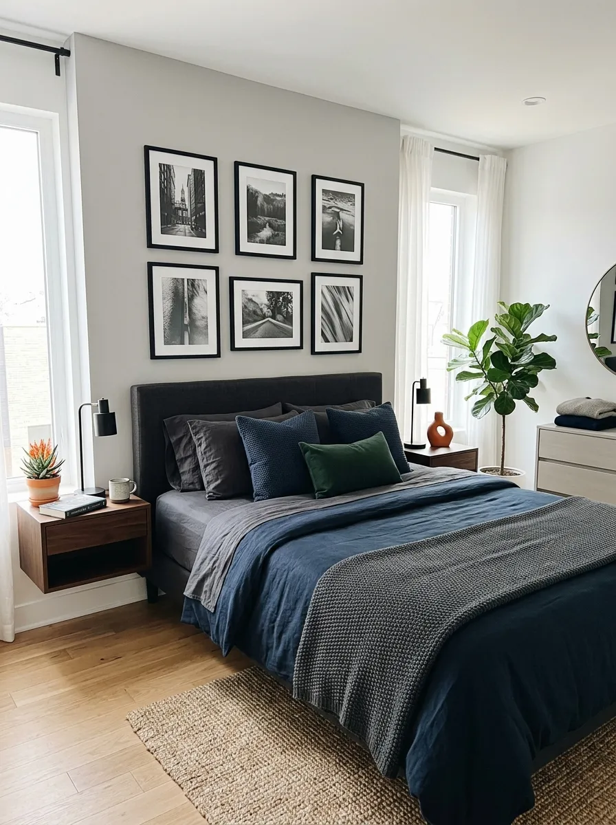 Real-life photo of a modern men's bedroom, minimalist gallery wall above the headboard with black-and-white photos in matching black frames, neatly made bed with dark bedding below, beautifully arranged, clean, organized, bright natural light, vibrant accent colors in the room, photorealistic stock photography, Pinterest gallery wall inspiration.