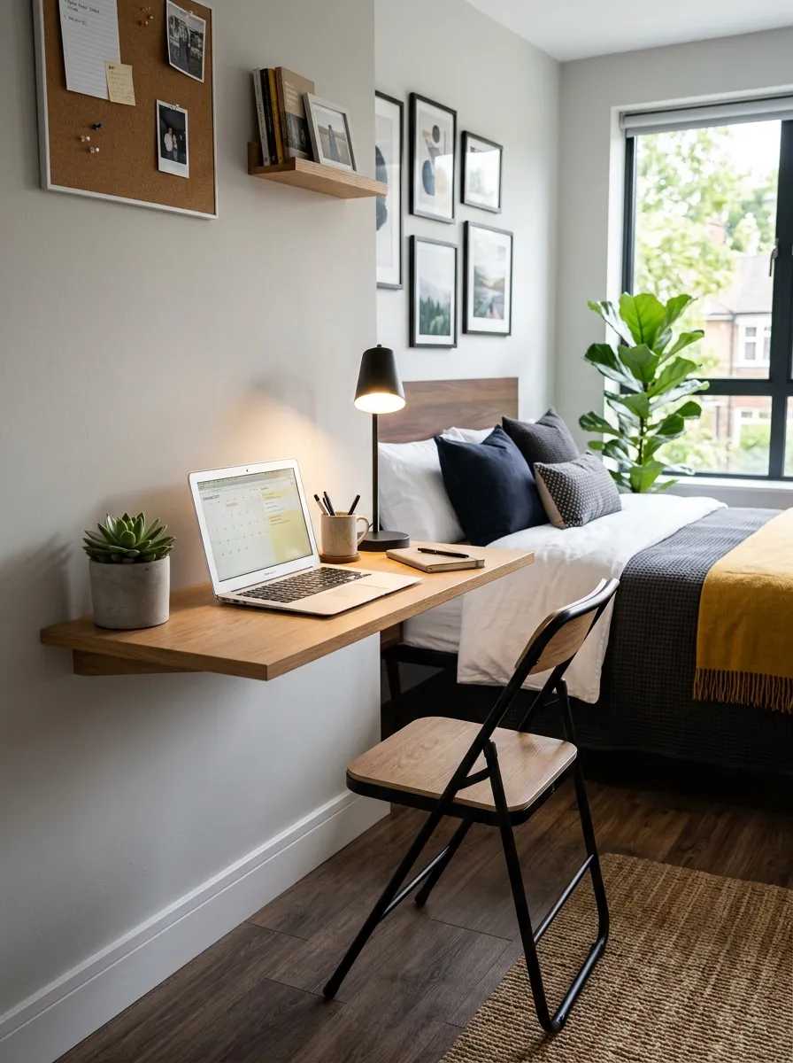 Real-life photo of a modern men's bedroom, slim floating wooden desk mounted on a wall with a laptop and small lamp, compact folding chair tucked underneath, neatly made bed in the background, beautifully arranged, clean, organized, bright natural light, vibrant warm tones, photorealistic stock photography, Pinterest home office corner inspiration.