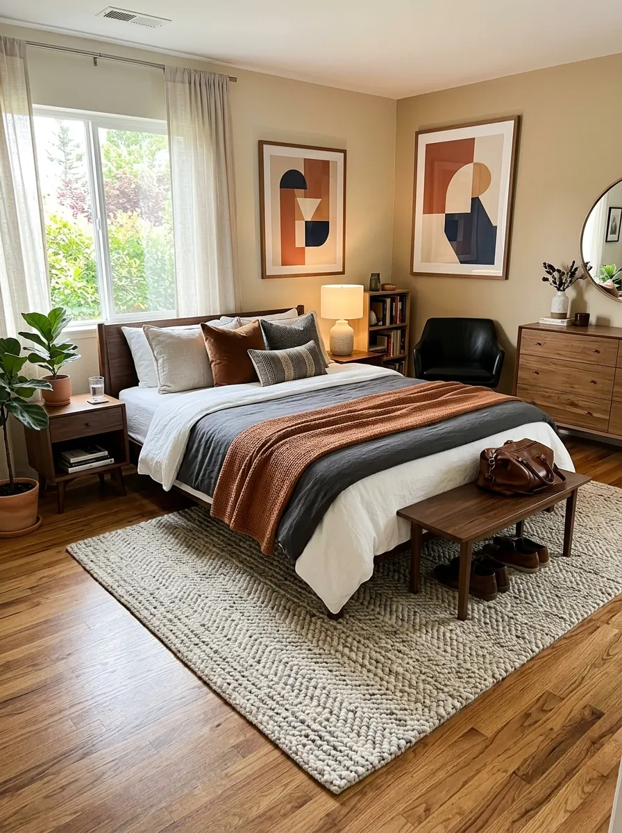 Real-life photo of a modern men's bedroom, thick neutral-toned wool area rug layered under the foot of a neatly made bed, wood or tile flooring visible around the edges, beautifully arranged, clean, organized, bright natural light, vibrant warm tones, photorealistic photography, Pinterest interior styling inspiration.