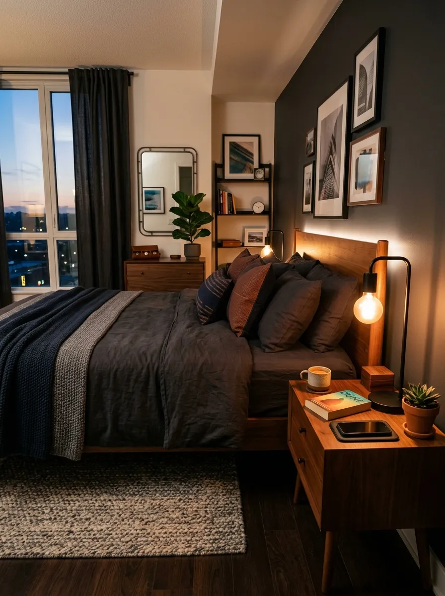 Real-life photo of a modern men's bedroom in warm evening lighting, dimmable smart bulb glowing softly in a bedside lamp, neatly made bed with dark bedding, beautifully arranged, clean, organized, warm ambient lighting mixed with soft natural light, vibrant cozy tones, photorealistic stock photography, Pinterest lighting inspiration.