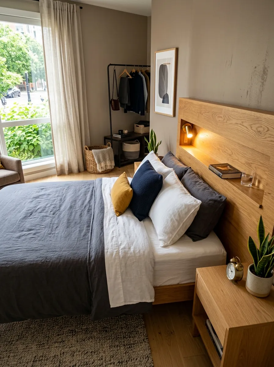 Real-life photo of a modern men's bedroom, wooden headboard with a built-in narrow shelf holding a book and a glass of water, integrated small reading light glowing warmly, neatly made bed below, beautifully arranged, clean, organized, bright natural light, vibrant warm tones, photorealistic photography, Pinterest headboard design inspiration.