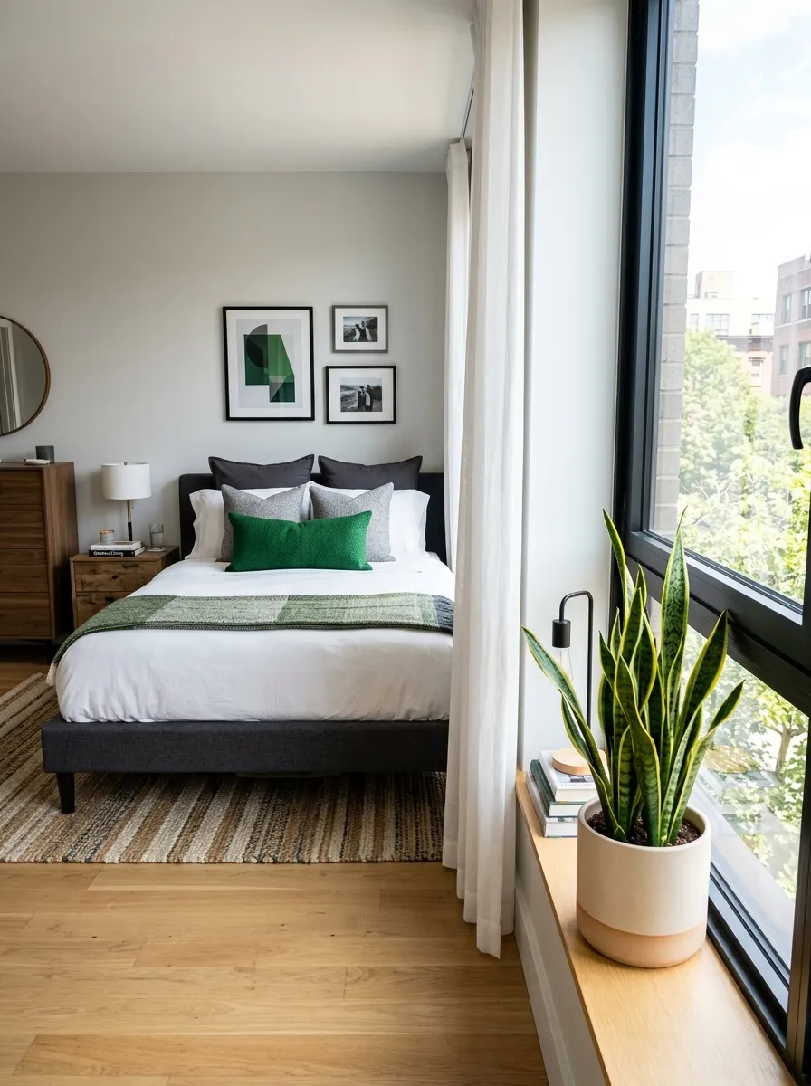 Real-life photo of a modern men's bedroom, snake plant in a simple ceramic pot placed near a sunlit window, neatly made bed visible in the background, beautifully arranged, clean, organized, bright natural light, vibrant green accent color, photorealistic stock photography, Pinterest plant styling inspiration.
