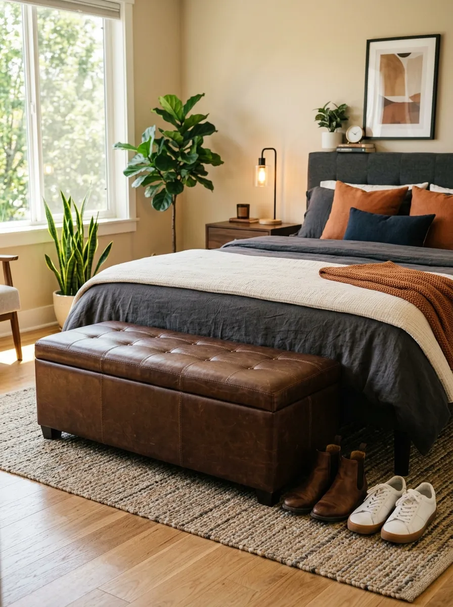 Real-life photo of a modern men's bedroom, leather storage ottoman bench at the foot of a neatly made bed, a pair of shoes resting beside it, beautifully arranged, clean, organized, bright natural light, vibrant warm tones, photorealistic stock photography, Pinterest bedroom styling inspiration.