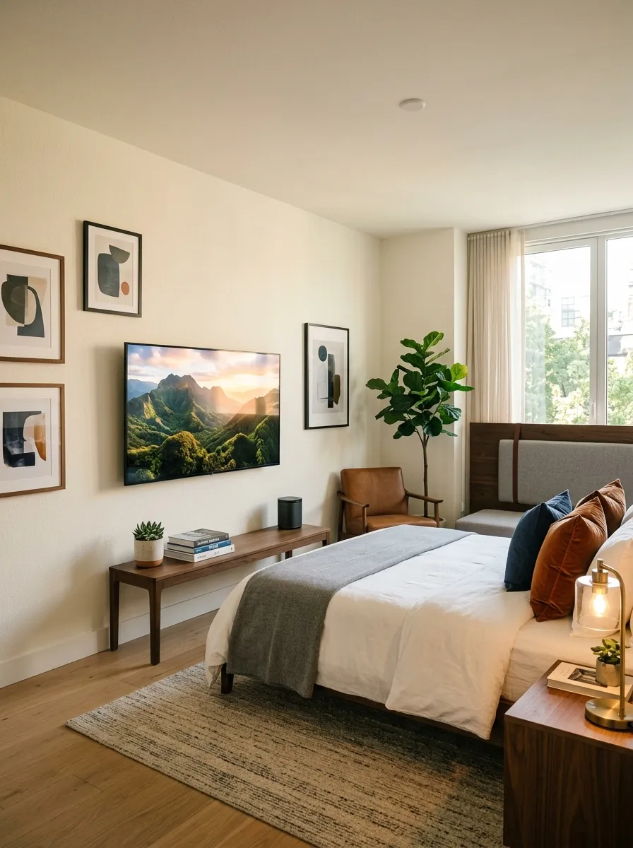 Real-life photo of a modern men's bedroom, wall-mounted flat screen TV with no visible cables, slim low wooden console beneath it, neatly made bed in the background, beautifully arranged, clean, organized, bright natural light, vibrant warm tones, photorealistic photography, Pinterest bedroom setup inspiration.