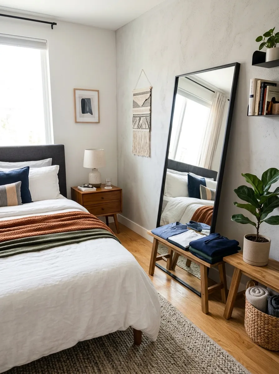 Real-life photo of a modern men's bedroom, full-length floor mirror in a slim black frame leaning against the wall, neatly made bed and folded clothes nearby, beautifully arranged, clean, organized, bright natural light, vibrant warm tones, photorealistic stock photography, Pinterest mirror styling inspiration.