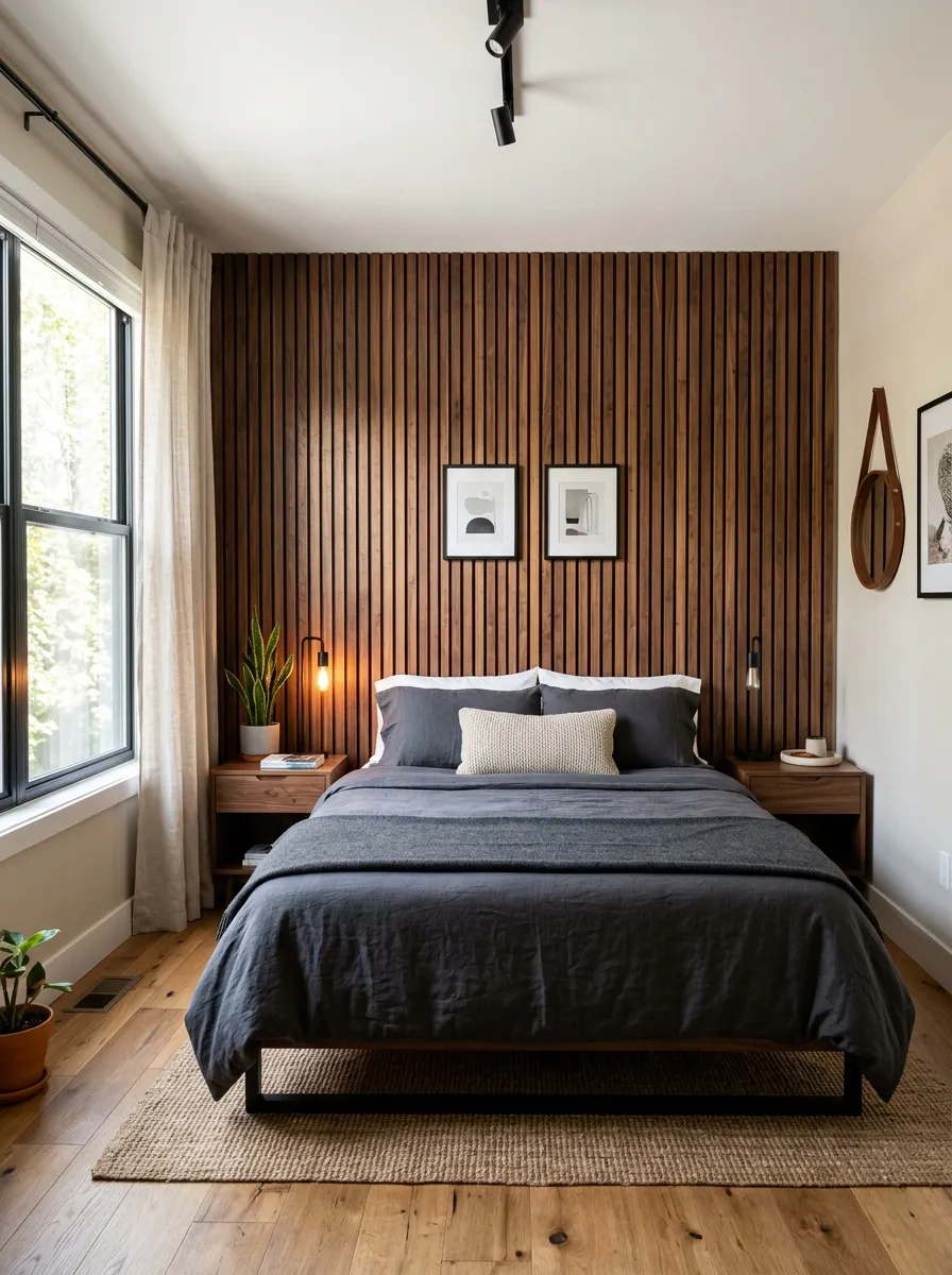 Real-life photo of a modern men's bedroom, vertical wood slat accent wall behind a neatly made bed with dark bedding, warm walnut wood tone, beautifully arranged, clean, organized, bright natural light casting soft shadows on the slats, vibrant warm tones, photorealistic photography, Pinterest accent wall inspiration.