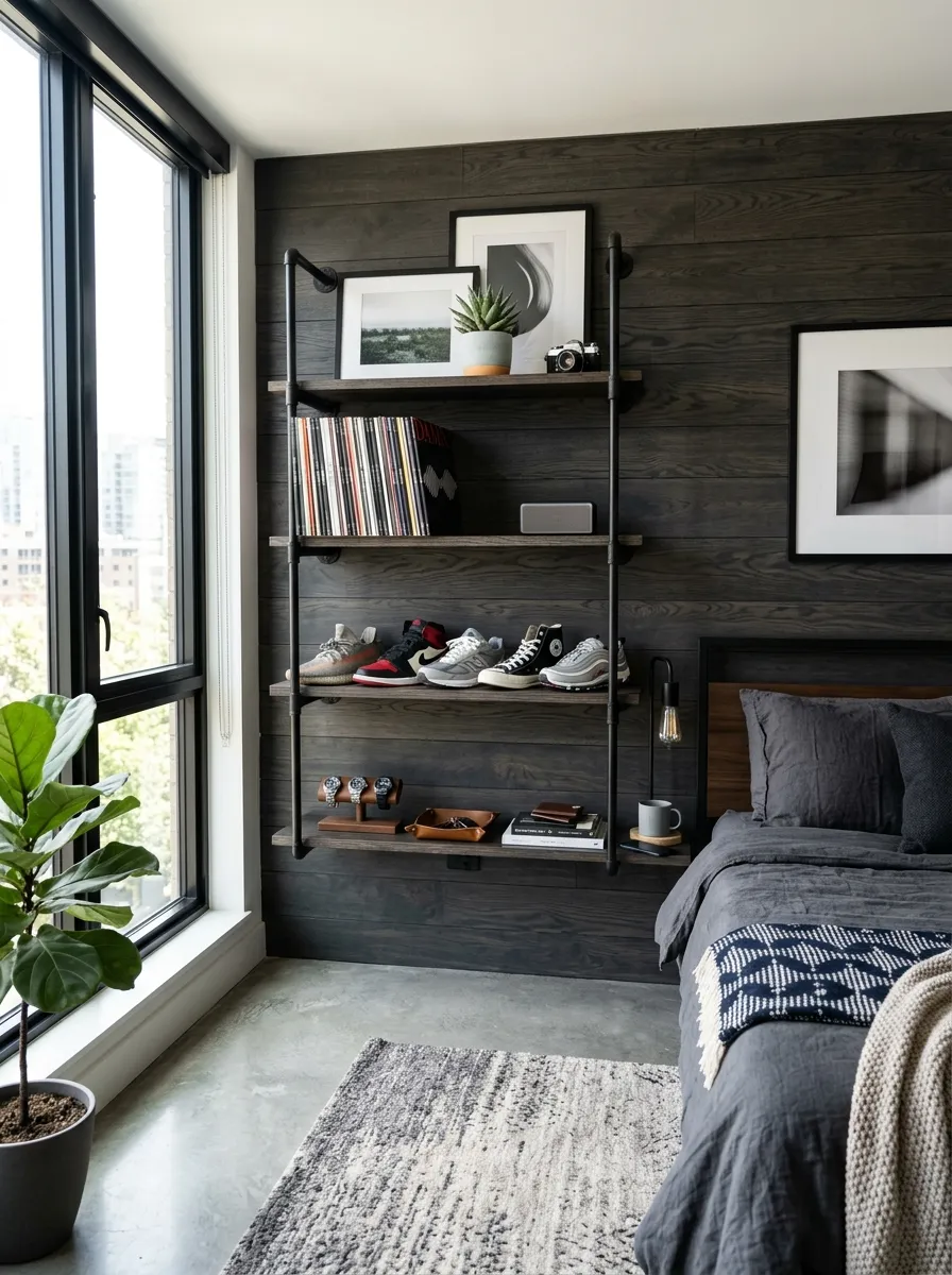 Real-life photo of a modern men's bedroom, black industrial pipe shelving mounted on a brick or dark wood accent wall, displaying a curated collection of sneakers, vinyl records and a wristwatch stand, neatly made bed nearby, beautifully arranged, clean, organized, bright natural light, vibrant color accents, shot like a stock photograph, photorealistic, Pinterest home decor inspiration.