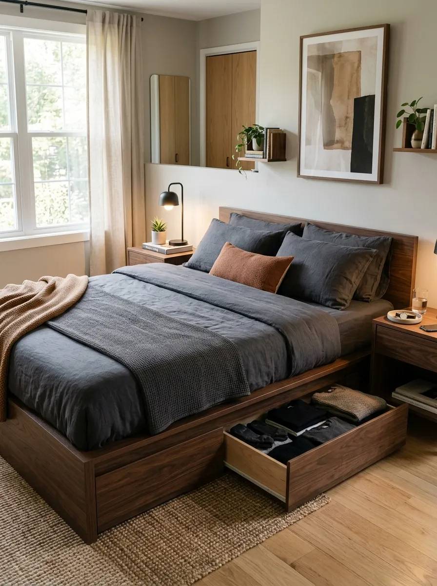 Real-life photo of a modern men's bedroom, low-profile platform bed with dark walnut wood frame and built-in drawer storage, drawer slightly open showing folded clothes, neatly made bed with charcoal grey bedding, beautifully arranged, clean, organized, bright natural light, vibrant warm tones, photorealistic stock photography, Pinterest-worthy interior.
