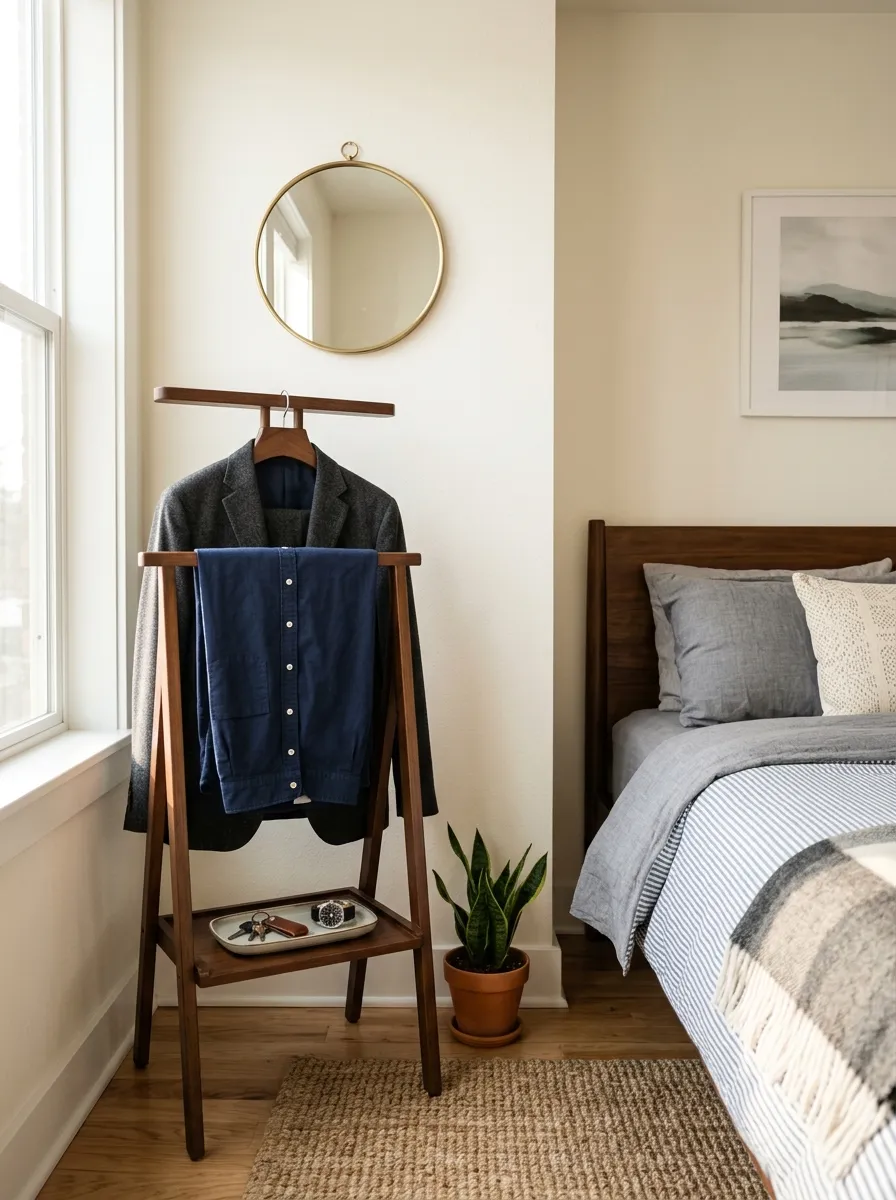 Real-life photo of a modern men's bedroom corner, wooden valet stand with a folded shirt and jacket, small round wall mirror above, a tray holding keys and a wristwatch, neatly made bed visible in the background, beautifully arranged, clean, organized, bright natural light, vibrant natural tones, photorealistic photography, Pinterest interior inspiration.