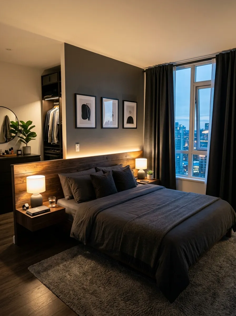 Real-life photo of a modern men's bedroom at dusk, layered charcoal blackout curtains half-drawn, warm LED strip lighting glowing behind a wooden headboard, neatly made bed with dark bedding, beautifully arranged, clean, organized, warm ambient lighting mixed with soft bright natural light from the window, vibrant cozy tones, photorealistic stock photography, Pinterest-style home interior.