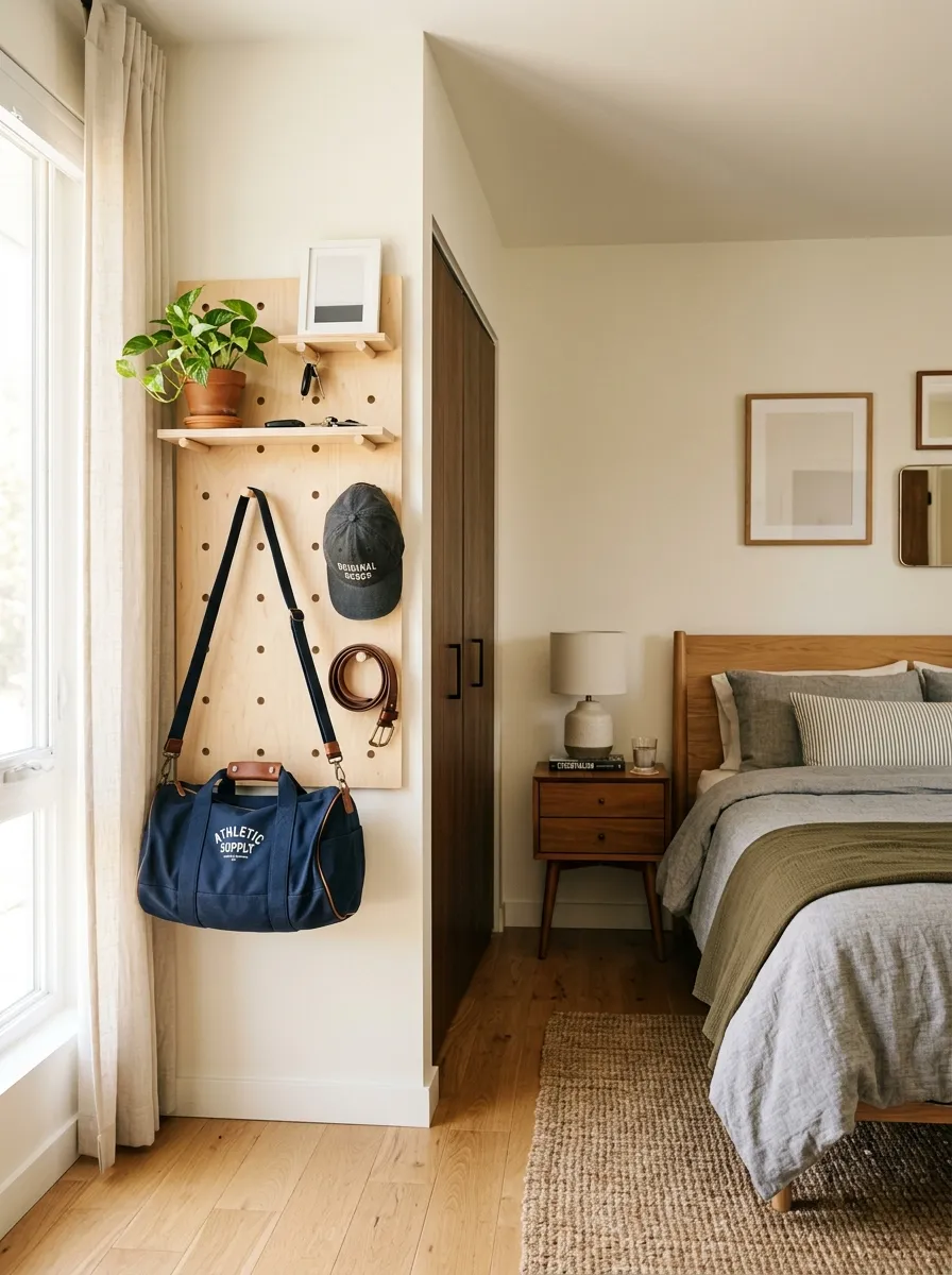Real-life photo of a modern men's bedroom, wooden pegboard mounted on a wall near the closet, gym bag, cap, and belt hanging neatly on wooden pegs, neatly made bed visible nearby, beautifully arranged, clean, organized, bright natural light, vibrant warm tones, photorealistic stock photography, Pinterest-style interior inspiration.