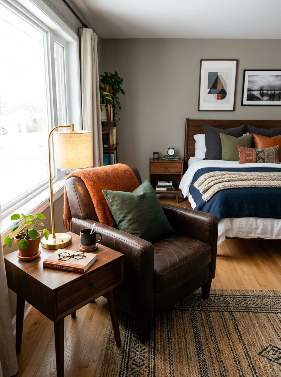 Real-life photo of a modern men's bedroom corner, compact leather armchair with a small wooden side table and a warm task lamp, a book resting on the table, neatly made bed in the background, beautifully arranged, clean, organized, bright natural light, vibrant cozy tones, photorealistic photography, Pinterest home interior inspiration.