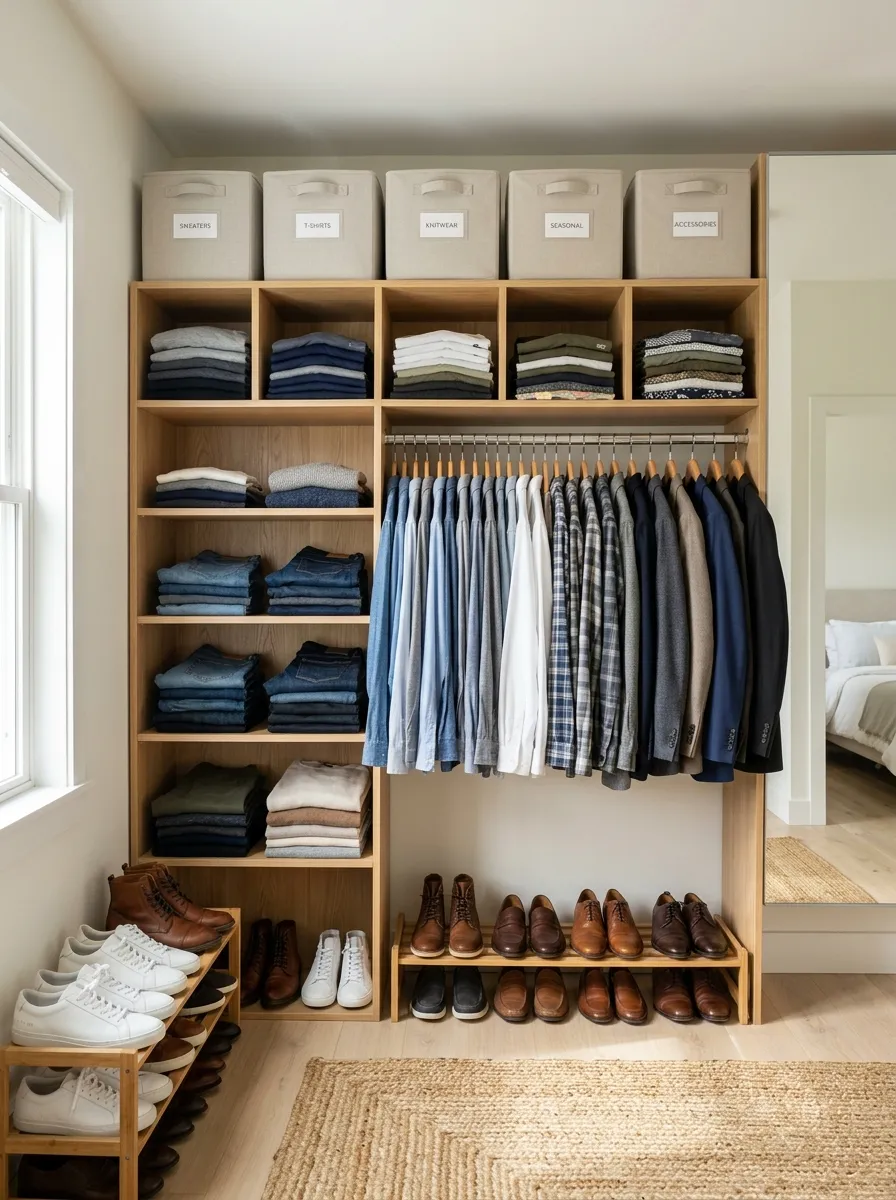 Real-life photo of a modern men's bedroom closet, open shelving with folded shirts and labeled canvas storage bins in matching neutral colors, neatly arranged shoes on the floor, beautifully arranged, clean, organized, bright natural light, vibrant natural tones, photorealistic photography, Pinterest closet organization inspiration.