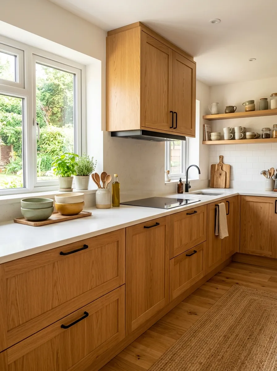A real-life kitchen with natural oak cabinets and matte black handles, neatly made countertops with a few beautifully arranged ceramic bowls, organized open spaces, clean lines, bright natural light streaming through a nearby window, vibrant warm tones, photographed in stock-photo style, no people.