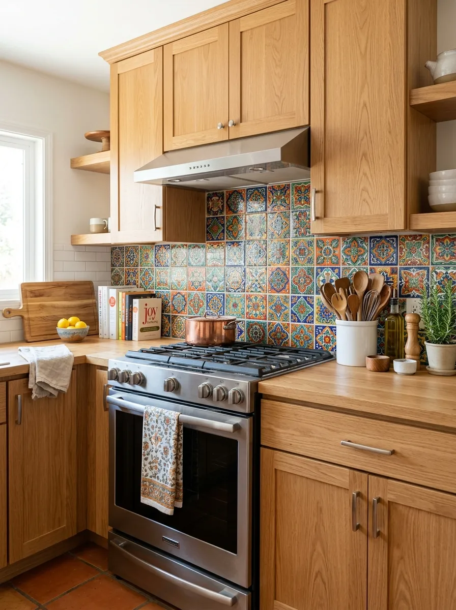 A real-life kitchen with natural oak cabinets and a vibrant colorful tile backsplash behind the stove, neatly made countertop, beautifully arranged cooking utensils, organized and clean, bright natural light, vibrant saturated tile colors, stock-photo style, no people.