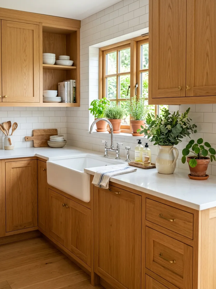 A real-life kitchen with natural oak cabinets and a white farmhouse apron-front sink, neatly made countertop with a beautifully arranged pitcher and small plant nearby, organized and clean, bright natural light, vibrant fresh greenery, stock-photo style, no people.
