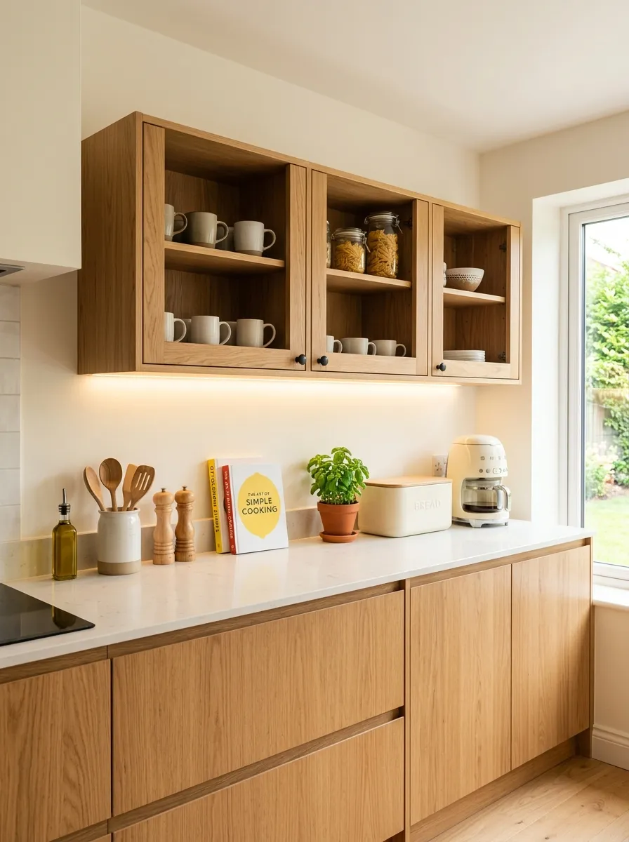 A real-life kitchen with floating natural oak wall-mounted cabinets, soft under-cabinet lighting glowing warmly, neatly made countertop below with beautifully arranged kitchen essentials, organized and clean, bright natural light, vibrant warm tones, stock-photo style, no people.