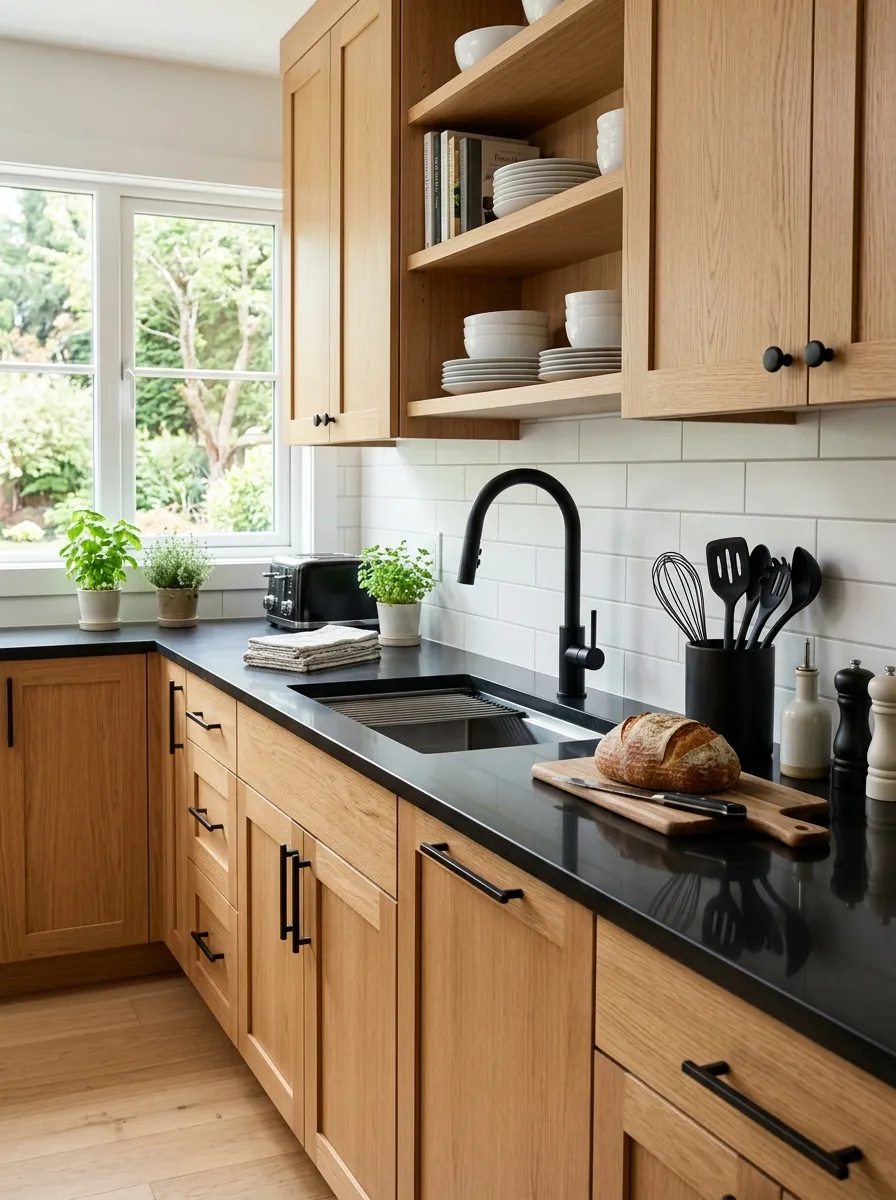 A real-life kitchen with natural oak cabinets and a black countertop, beautifully arranged matte black faucet and utensils, neatly made surface, organized and clean, bright natural light, vibrant contrast between dark countertop and warm oak wood, stock-photo style, no people.