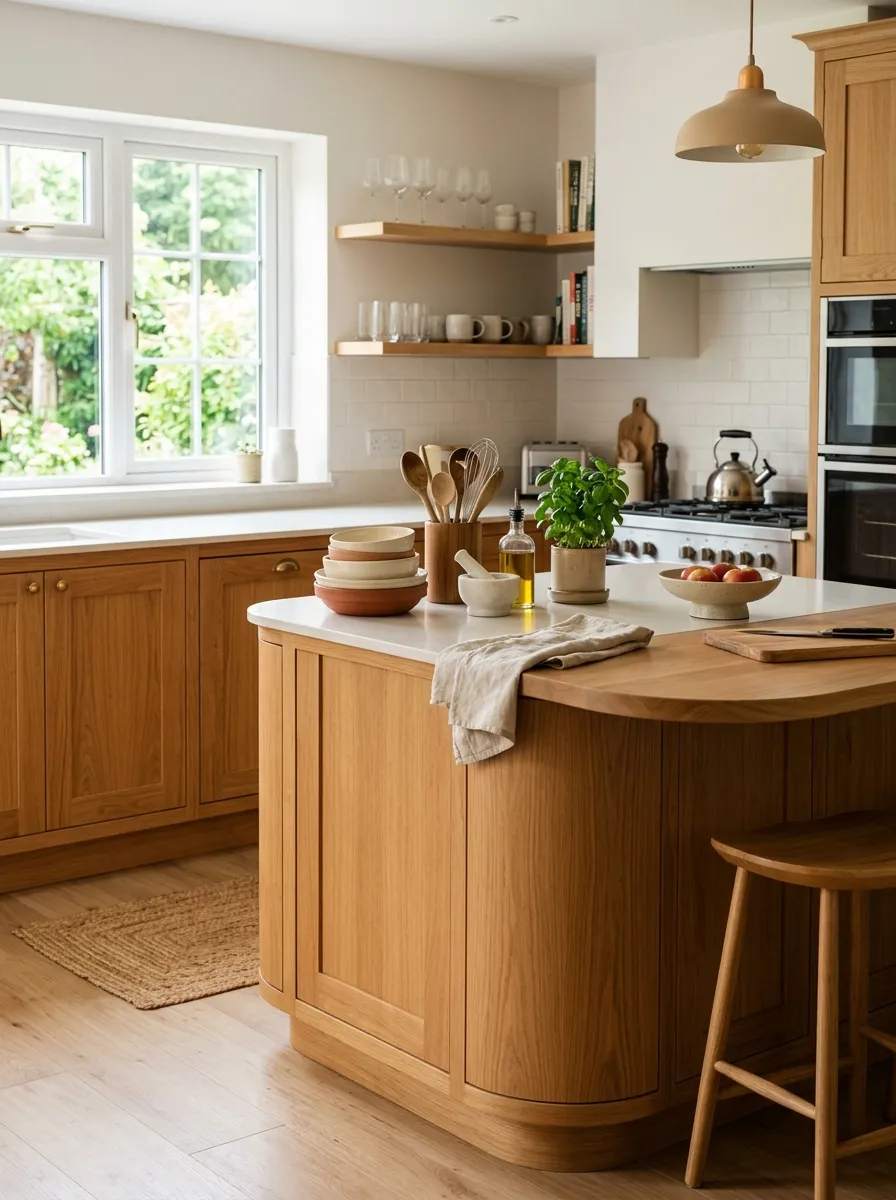 A real-life kitchen with natural oak cabinets featuring a curved rounded island corner, neatly made countertop, beautifully arranged bowls and kitchen items nearby, organized and clean, bright natural light, vibrant warm wood tones, stock-photo style, no people.