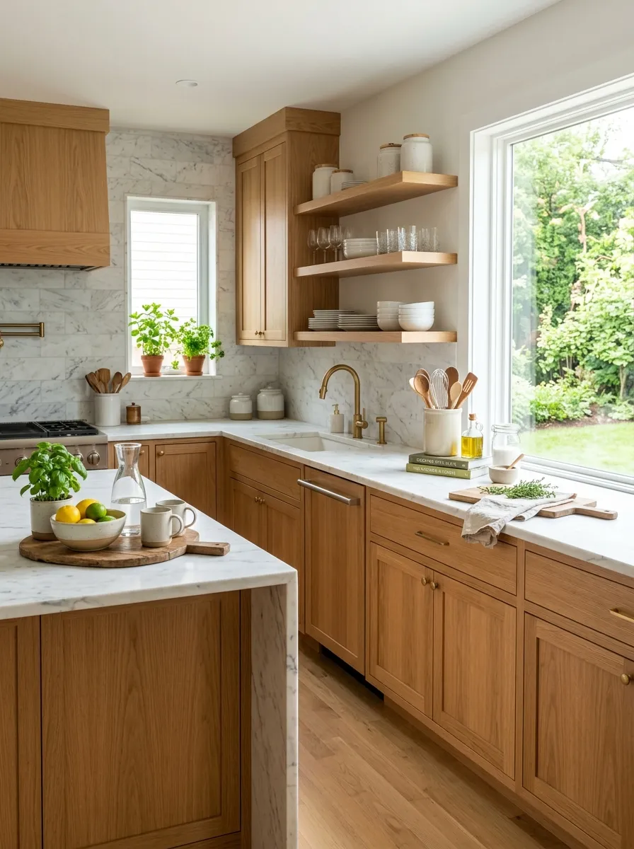 A real-life kitchen with natural oak cabinets and white marble countertops with soft gray veining, neatly made surface with beautifully arranged kitchen tools, organized and clean, bright natural light, vibrant warm wood tones against cool stone, stock-photo style, no people.
