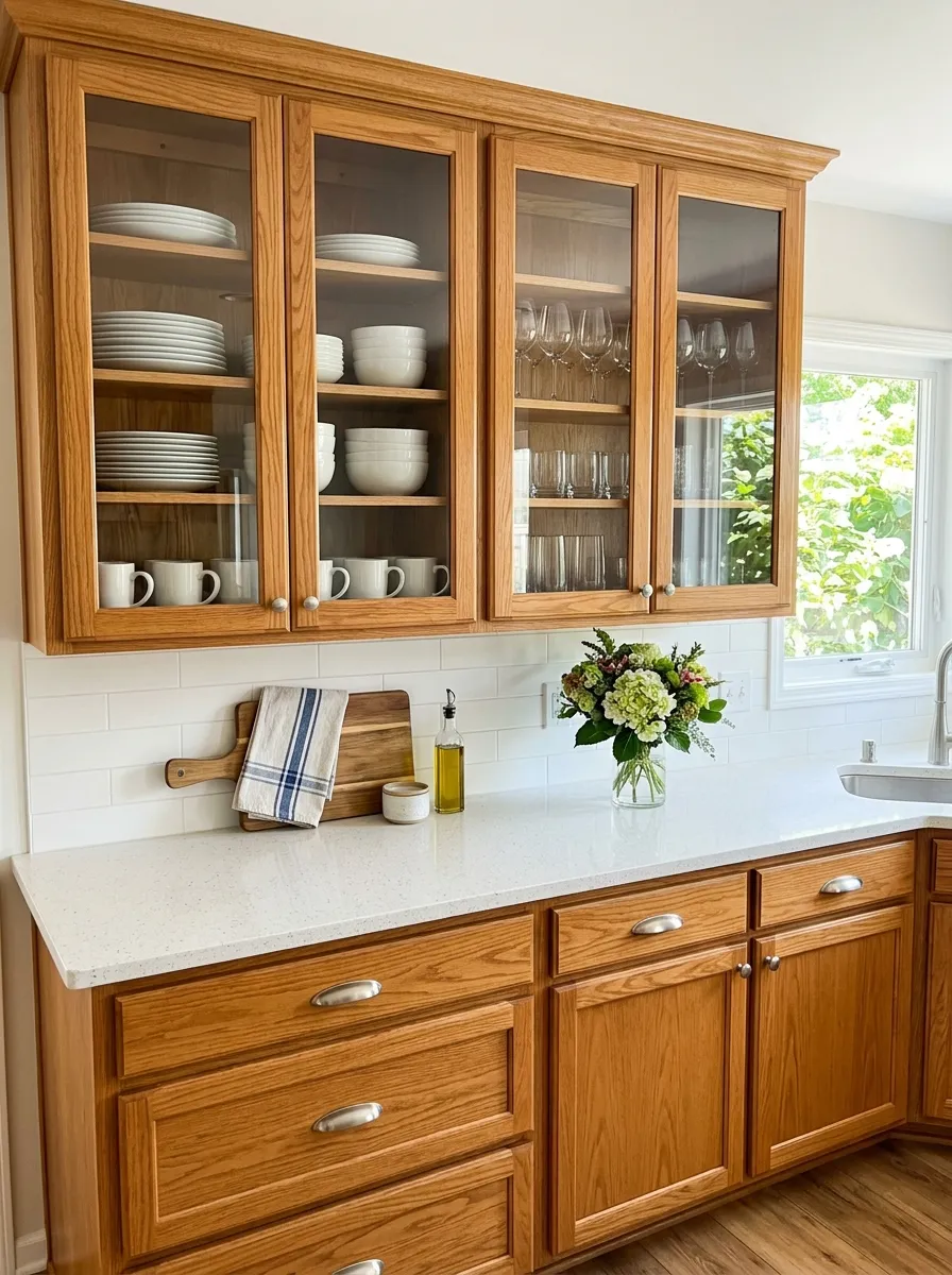 A real-life kitchen with oak cabinets featuring glass-front doors, neatly arranged white dishware and glassware visible behind the glass, beautifully organized shelves, clean countertop below, bright natural light, vibrant fresh styling, stock-photo style, no people.