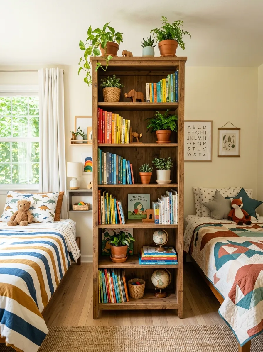 A tidy shared kids bedroom with a tall wooden bookshelf divider separating two neatly made beds, soft bright natural light streaming through a window, beautifully arranged books and small potted plants on the shelves, clean organized space, real-life candid photography style, vibrant warm tones.
