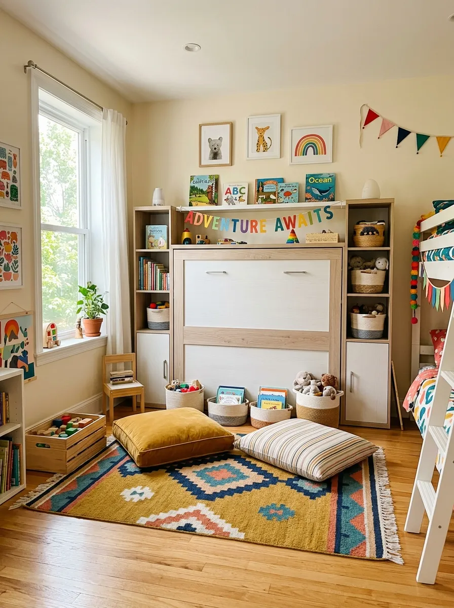 Bright shared kids bedroom with a neatly folded Murphy bed against the wall, soft rug and floor cushions arranged below for daytime play, clean organized space, bright natural light from a window, beautifully arranged room, real-life photography style, vibrant warm colors.