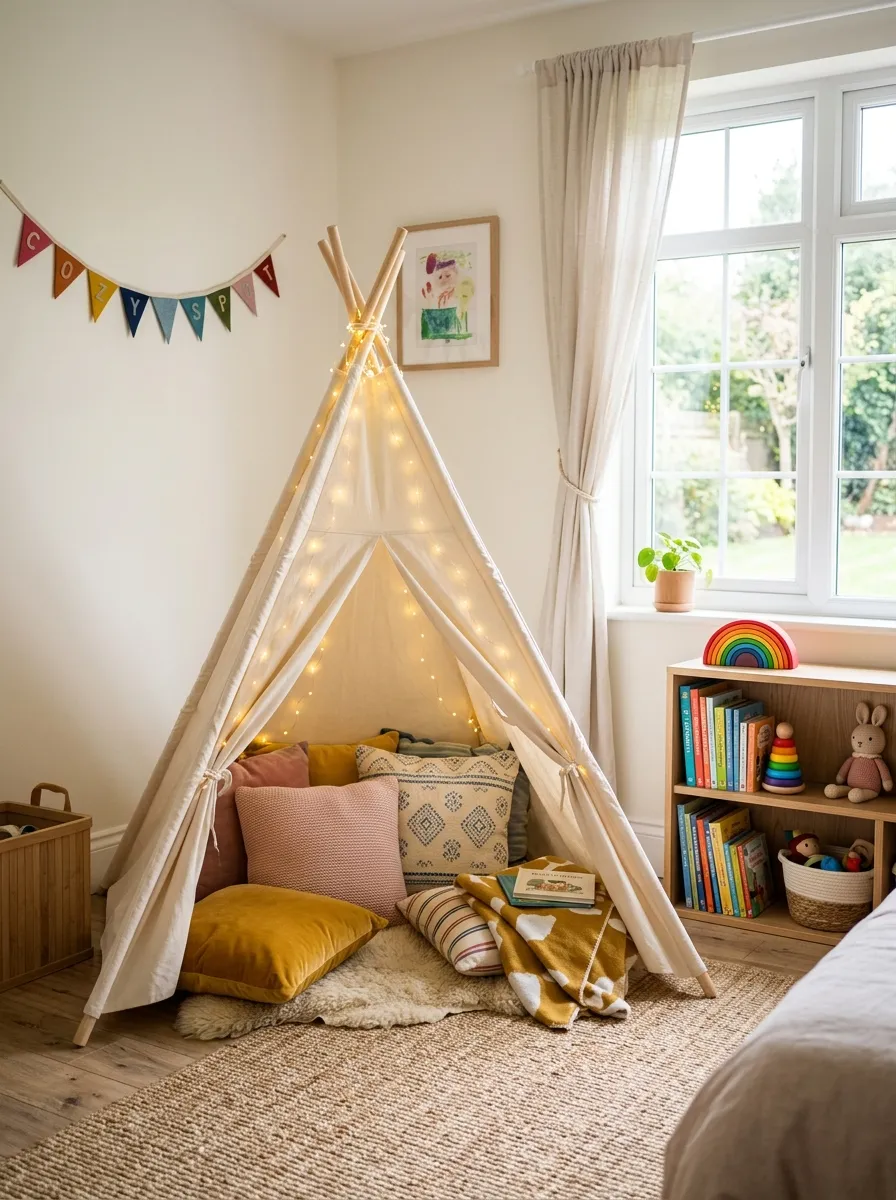 Cozy shared kids bedroom corner with a soft white fabric teepee, neatly arranged floor cushions and a warm string of fairy lights inside, bright natural light spilling in from a window, clean organized space, beautifully styled, real-life photography style, vibrant soft colors.