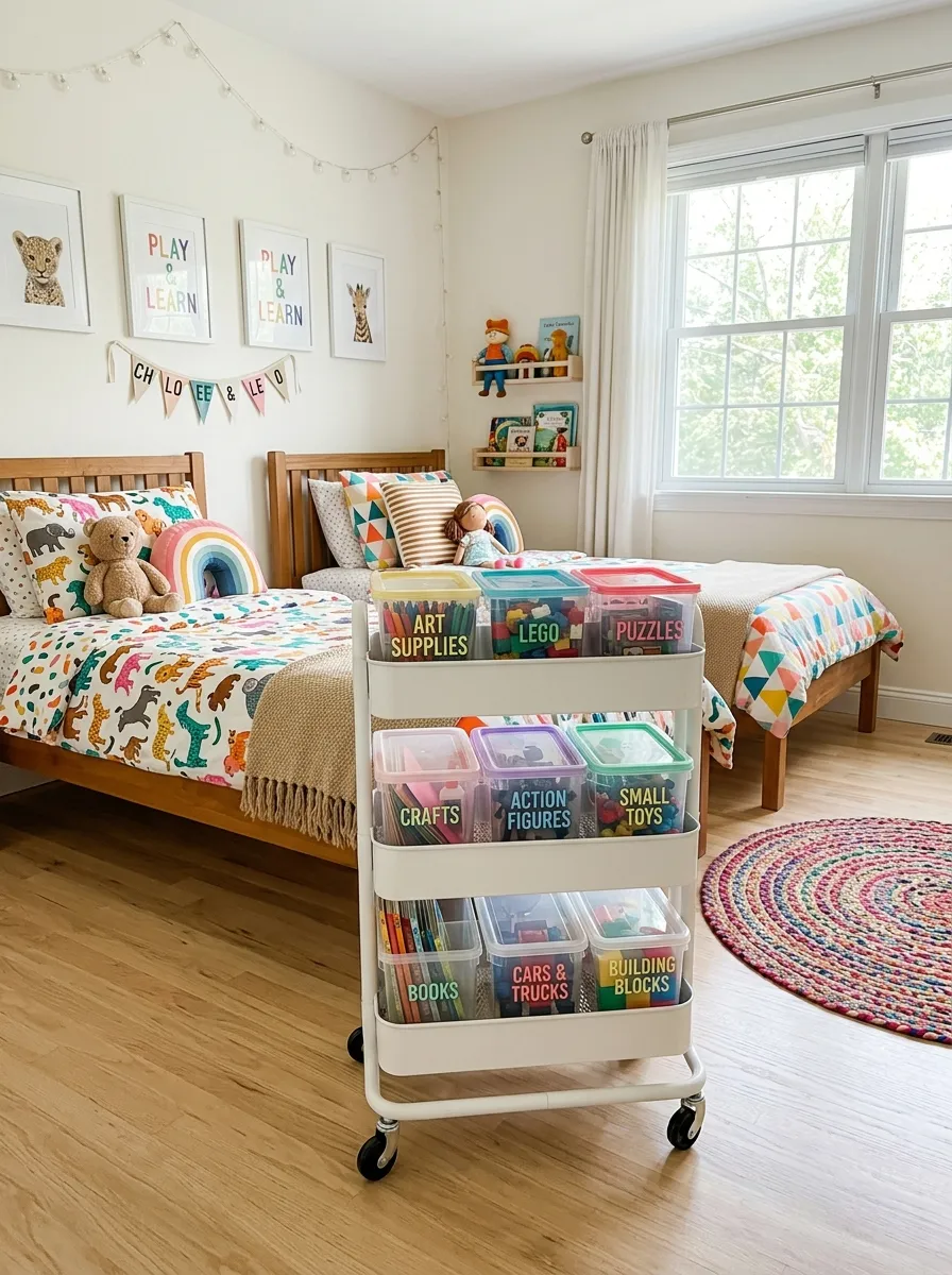 Bright shared kids bedroom with a neat rolling storage cart holding labeled clear bins of toys and supplies, positioned beside two neatly made beds, clean organized floor, bright natural light, beautifully arranged room, real-life photography style, vibrant colorful bins.