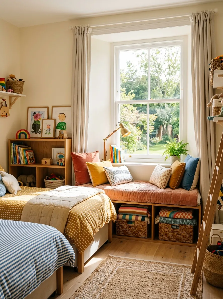 Cozy shared kids bedroom with a built-in window seat, soft neatly arranged cushions and a small reading lamp, storage bench underneath holding tidy folded blankets, bright natural light streaming through the window, clean organized space, real-life photography style, vibrant warm tones.
