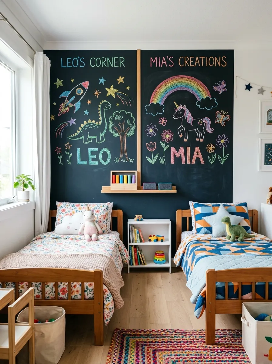 Bright shared kids bedroom with a large chalkboard wall divided into two neat sections with colorful doodles, small wooden shelf below holding tidy chalk and erasers, clean organized space, bright natural light, beautifully arranged beds nearby, real-life photography style, vibrant chalk colors.