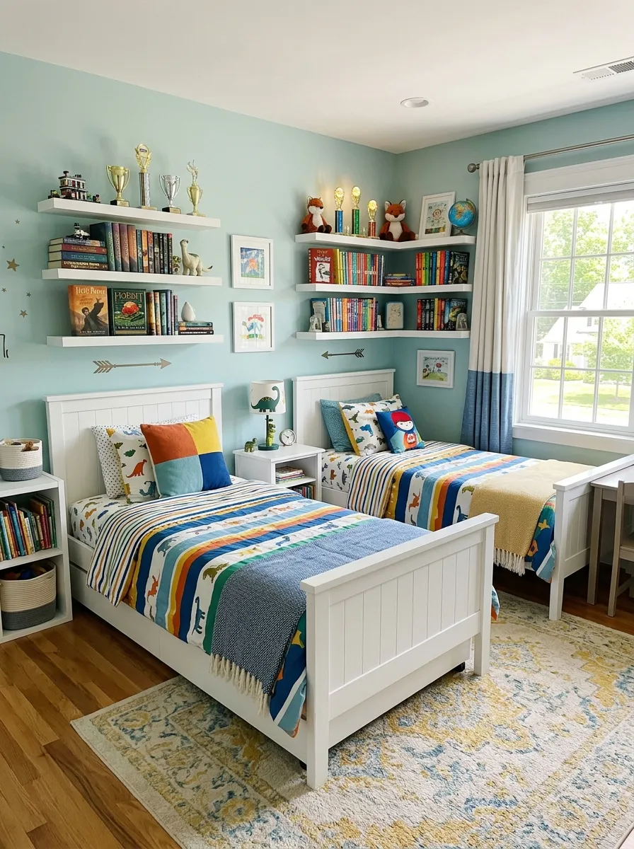 Bright shared kids bedroom with matching floating corner shelves above two neatly made beds, beautifully arranged trophies, books, and small toys on display, clean organized space, bright natural light through a window, real-life photography style, vibrant fresh colors.